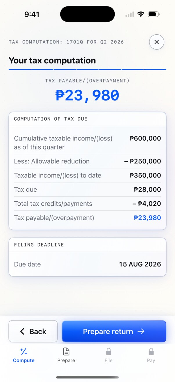 Pinoy Tax iPhone tax computation using official BIR Form 1701Q terminology