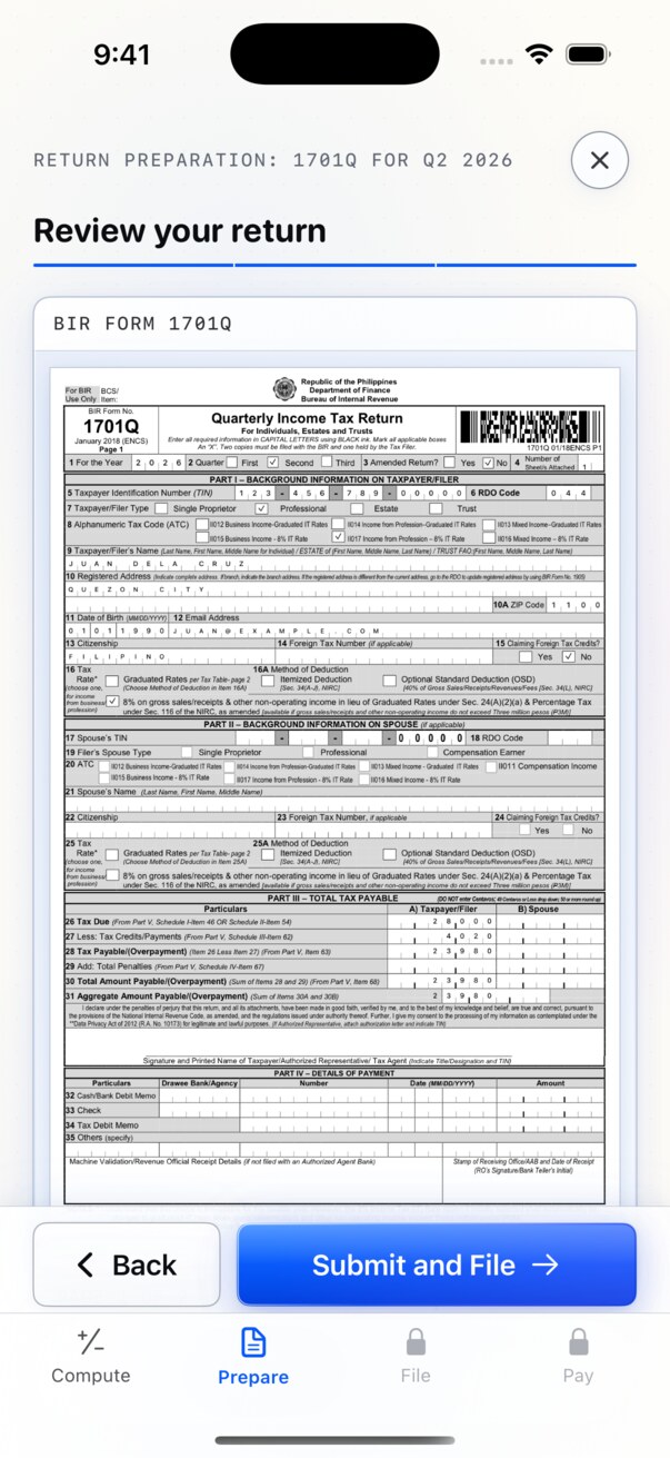 Pinoy Tax iPhone screen reviewing the completed BIR Form 1701Q before filing