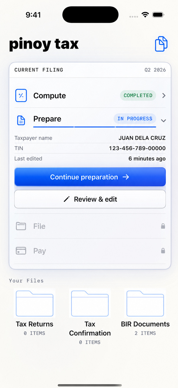 Pinoy Tax iPhone workspace showing the current Q2 2026 filing and document folders